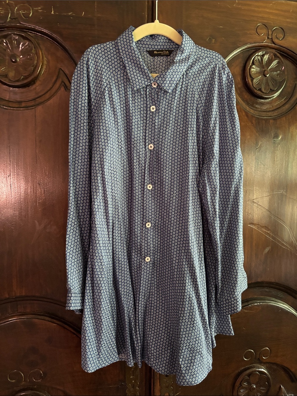 Massimo Dutti Navy Patterned Long-Sleeve Button-Down Shirt